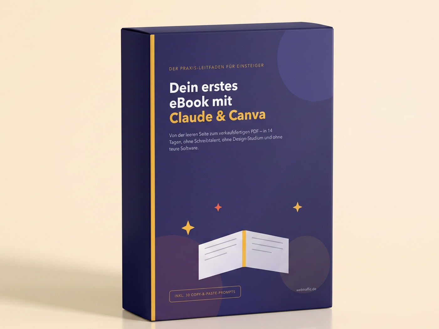 Das eBook „Dein erstes eBook mit Claude & Canva“ als dreidimensionale Produktbox mit dunkelblauem Cover
